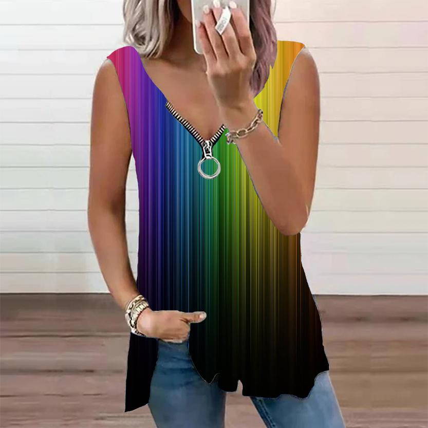 Женский топ, летний новый модный синий топ в вертикальную полоску с принтом, повседневный топ без рукавов на молнии с v-образным вырезом, майка на бретелях