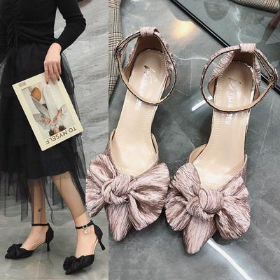 Лето 2024 года. Обувь на тонком каблуке. Босоножки на шпильках для женщин. Женские туфли с розовым бантом. Закрытые босоножки с острым носком для вечеринок и свадеб. F Vip