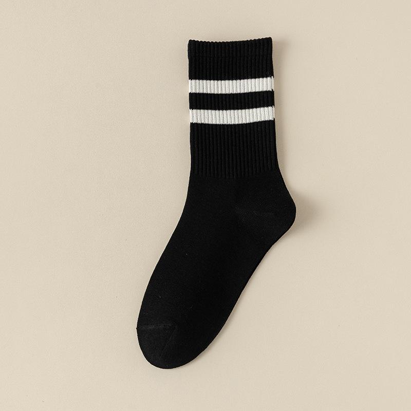 Pure Cotton Socks for Women In Autumn and Winter, Mid-calf Sweat-absorbing and Odor-proof Double-bar Striped Sports Long Calf Cotton Socks