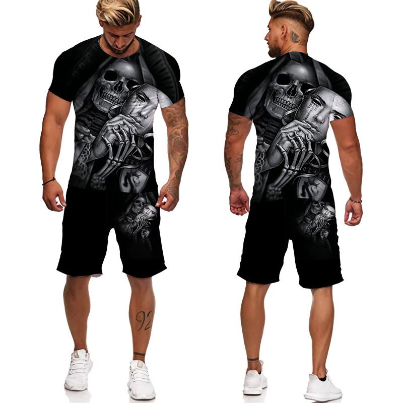 Новинка, футболка/костюм с 3D принтом готического черепа, летние мужские крутые футболки в стиле панк + шорты, индивидуальный спортивный костюм в стиле хип-хоп, уличная одежда