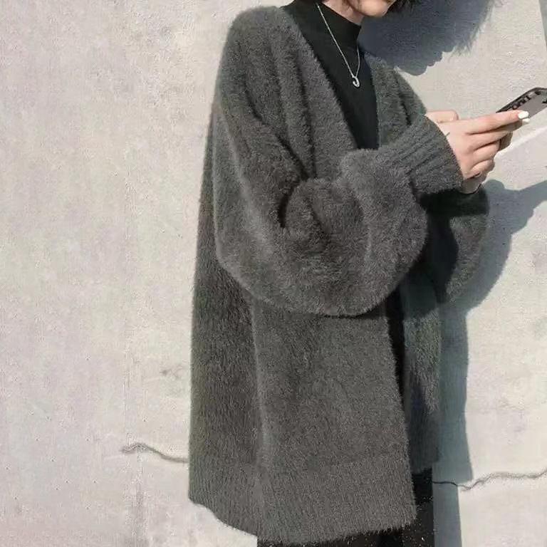 Autumn Women's Fashion Lantern Sleeve Imitation Mink Velvet Loose Sweater Casual Knitted Cardigan Jacket