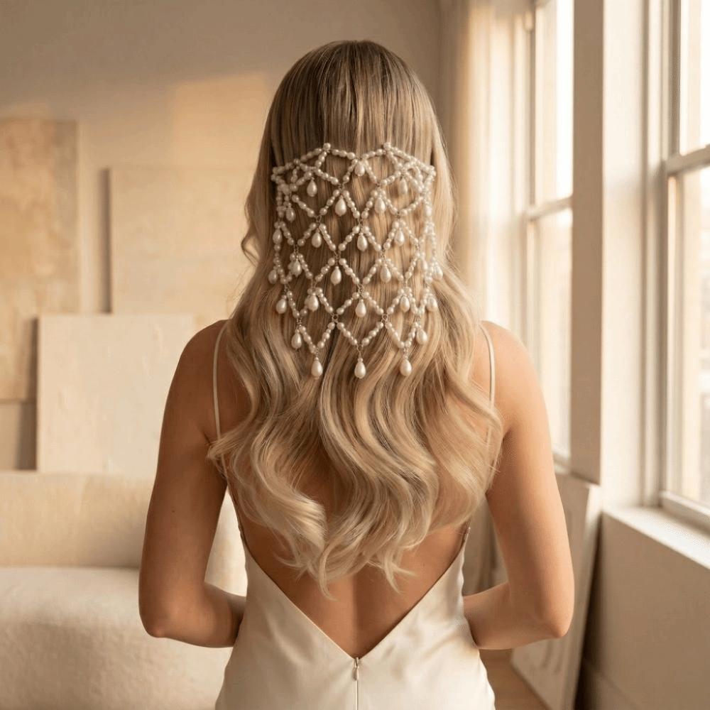 Elegant Pearl Mesh Headpiece Boho Pearl Hair Chain Vintage Beaded Headpiece Bridal Wear