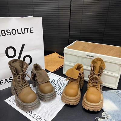 Европейская кожа большая голова ботинки Мартин женские новые ретро отворот два способа носки пуговица маффин толстая подошва большие желтые ботинки рабочие ботинки