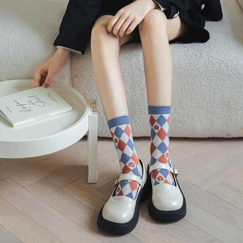 Stripe Grid Five Finger Tube Socks Flower Toe Separator Socks Fashion Toe Mid-calf Socks  Daily