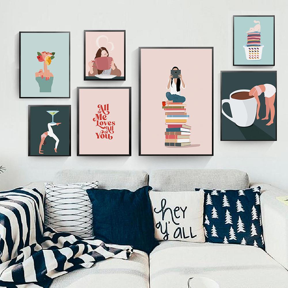 Nordic Posters Woman Reading Book Coffee Abstract Wall Art Print Canvas Painting Decor Cat Laundry Art Pictures For Living Room