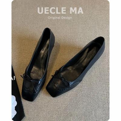 Овчина французские туфли-одиночки женские квадратный носок черные рабочие туфли толстый каблук бант красивые не устают ноги кожаные туфли на высоком каблуке