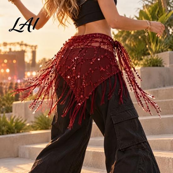 Adjustable Tassel Skirt Women's Belly Dancing Belt with Tassels & Sequins Colorful Waist Chain Triangle Dance Hip Scarf for Stage Performance