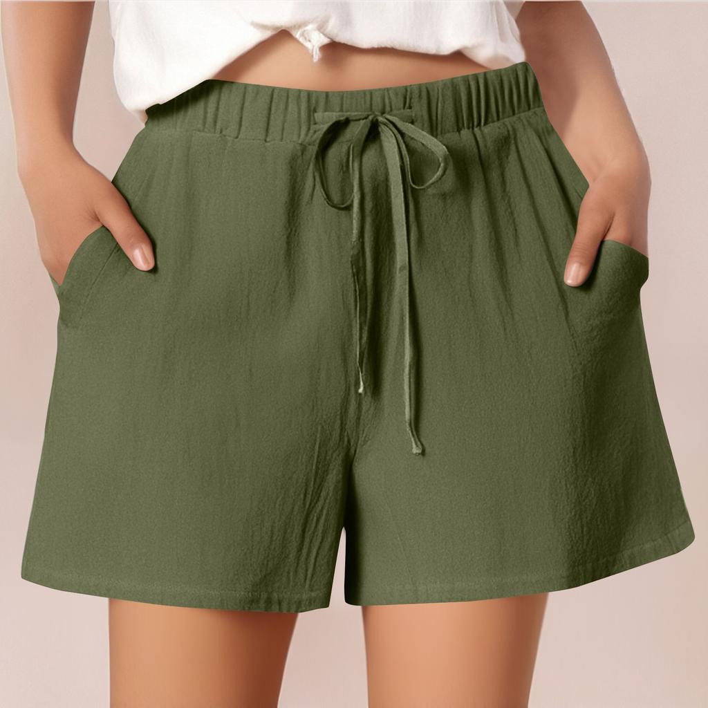 Женские повседневные хлопковые и льняные однотонные свободные шорты со шнуровкой и эластичным поясом длиной три четверти