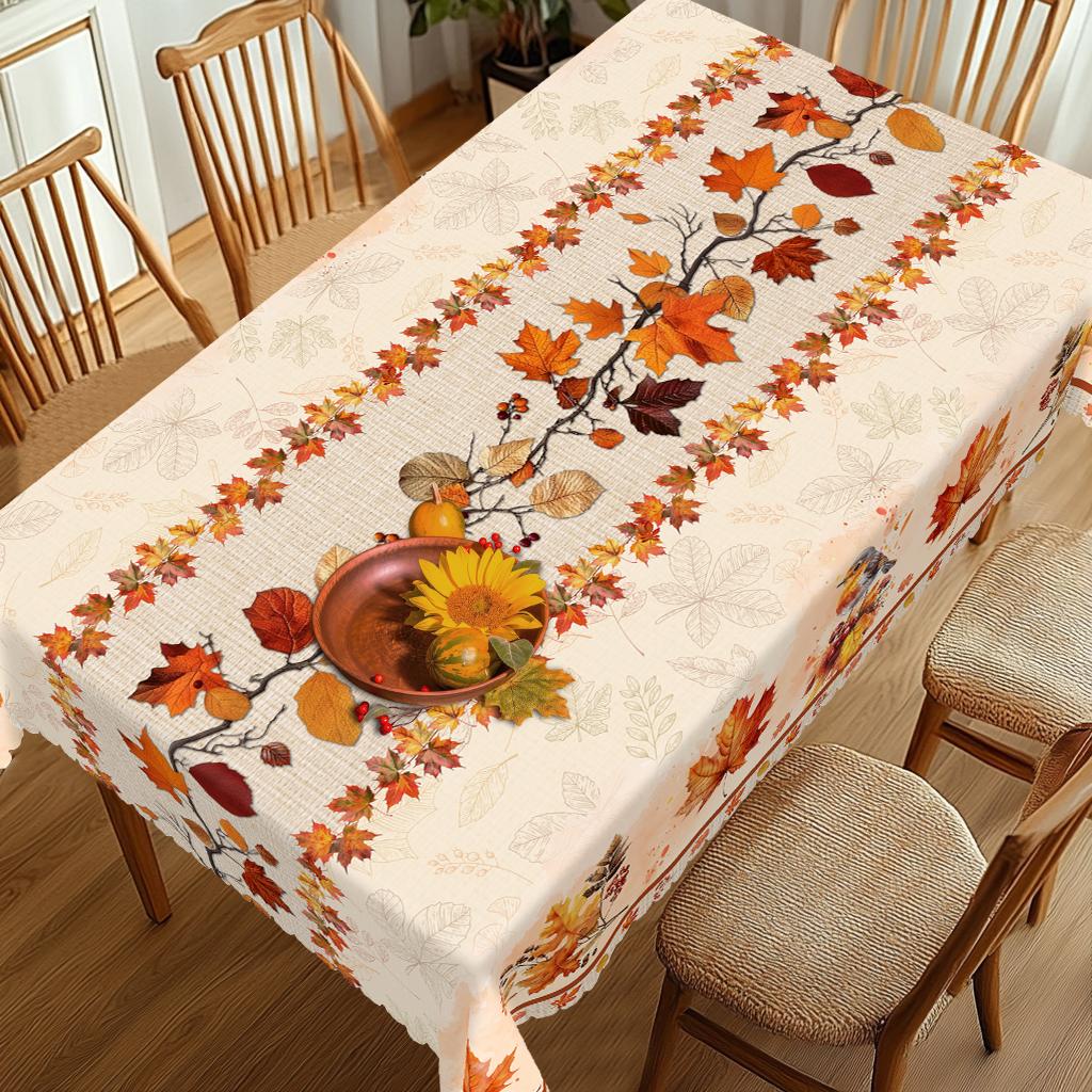 1 Piece Of Autumn Thanksgiving And Autumn Harvest Festival Themed Printed Tablecloth, Vintage Country Farmhouse Style, Maple Leaves, Bird Pattern Desi