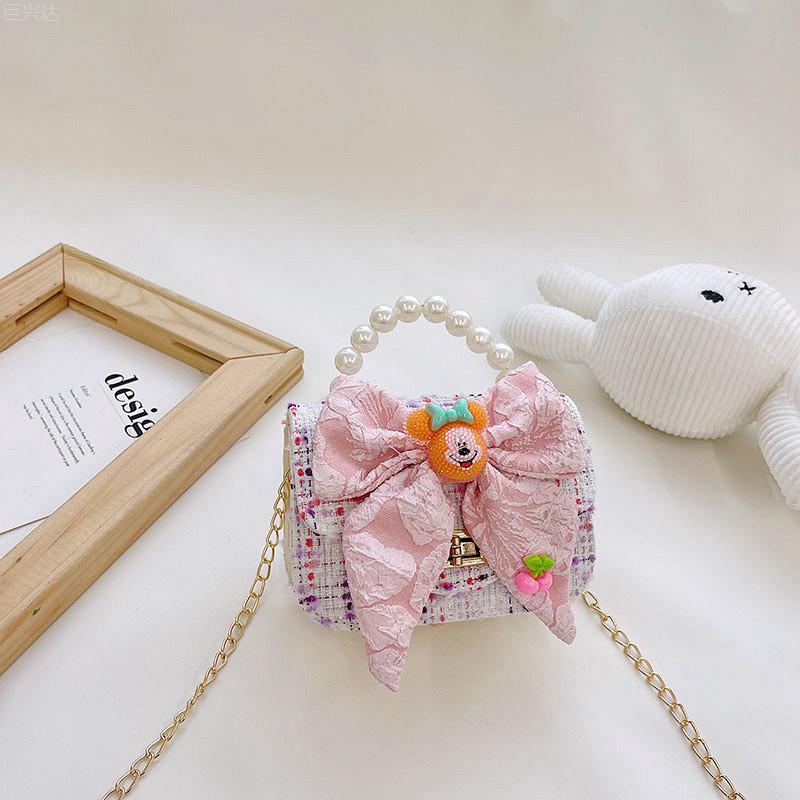 Fashionable Mini Children's Cotton And Linen Bag With Cute Rabbit And Pearl Accessories