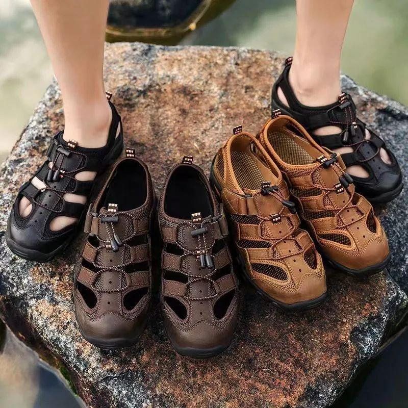 Summer Mens Sandals Genuine Leather Antiskid Breathable Outdoor Sandalias Trekking Casual Beach Shoe Male Loafers Big Size