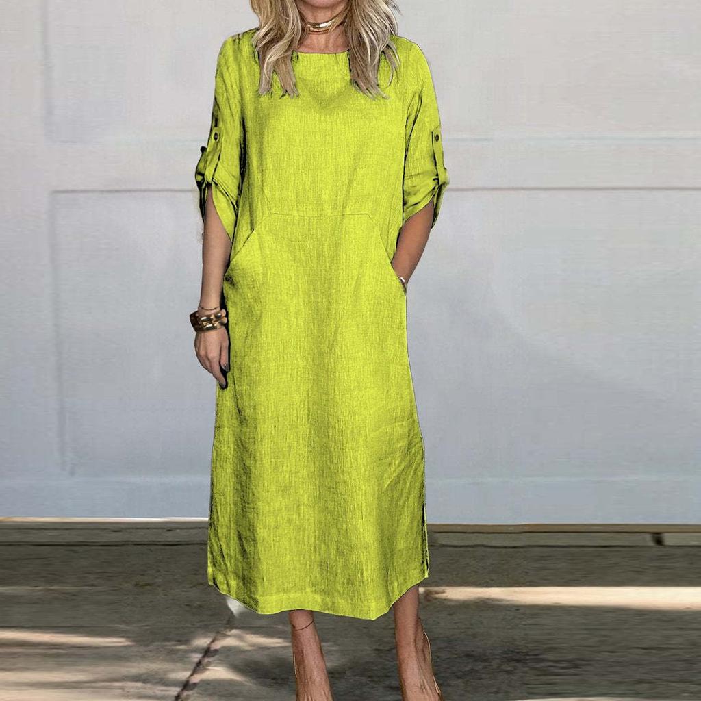 Women's Cotton And Linen Solid Color Casual Round Neck  Double Side Pockets 3/4 Sleeve Long Dress