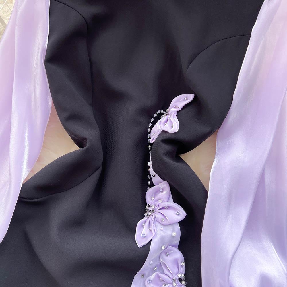 Spring Autumn Celebrity Vintage Cheongsam Pencil Dress Women's New Fashion Long Sleeve Mesh Patchwork Elegant Beading Bow Party Dresses