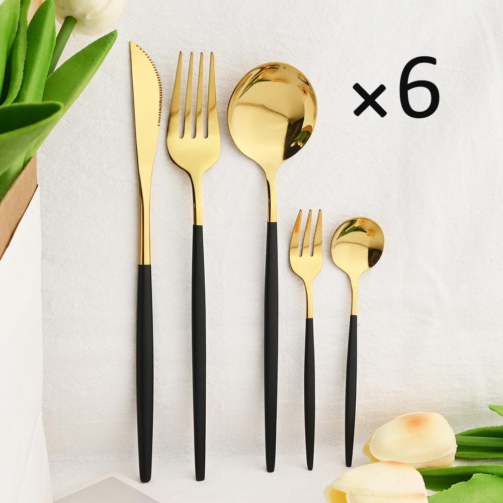 6People Gold Cutlery Set Mirror Stainless Steel Dinnerware Set Knife Cake Fork Tea Spoon Silverware Flatware Party Western Kitchen Tableware