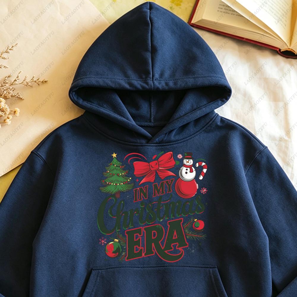In My Christmas Era Retro Slogan Graphic Hoodie Women Casual Long Sleeve Pullover Vintage Xmas Tree Snowman Holiday Gift Top