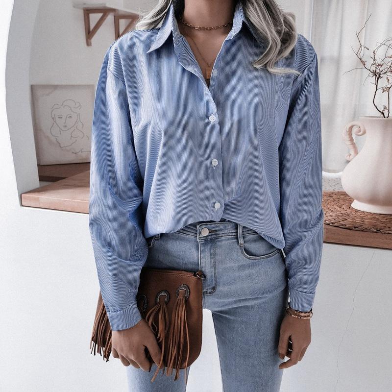 Полосатая женская блузка с длинными рукавами, весна-лето, рубашка с отложным воротником, однобортная, со свободной талией, шикарный карман, M-4XL