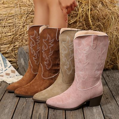 2025 европейские и американские осенне-зимние новые поступления женские сапоги до середины икры на среднем каблуке, женские сапоги в западном стиле с вышивкой больших размеров для внешней торговли