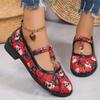 Lucyever Flower Print Pu Leather Flats Women 2024 New T Strap Low Heels Mary Janes Shoes Woman Plus Size Soft Sole Single Shoes