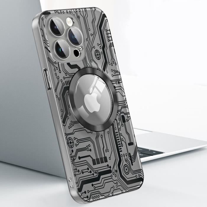 Coque pour iPhone 15 Pro Max avec Cercle Magnétique, Coque Rigide Antichoc Translucide Noir + Protection Caméra Verre Trempé