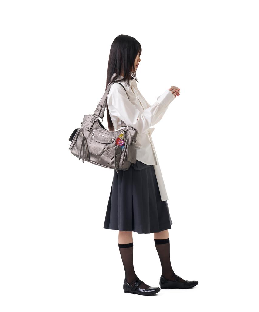 Iuga Makaras Belted Bag Pleats Midi Skirt (Dark Gray)