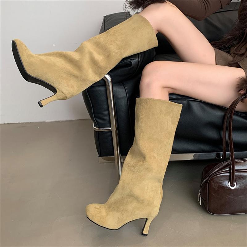 Aneikeh Winter Street Style Round Toe Knee-High Women Boots Punk Thin High Heels Shoes Female Long Booties