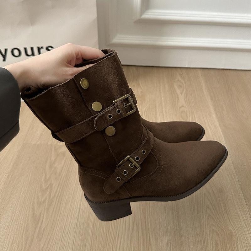 Повседневные ботинки Мартина с пряжкой, женские полусапоги, 2025 осень и зима, новые, круглый носок, однотонные, толстый средний каблук, модные ботинки для женщин