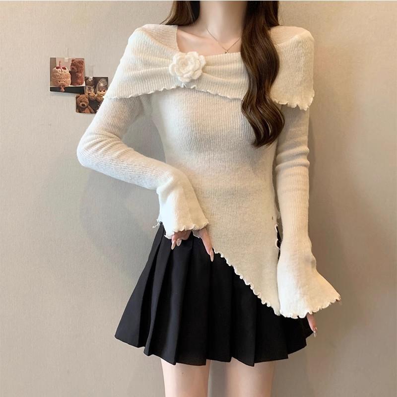 Autumn French Ruffle Flower Off Shoulder Long Sleeve Knit Top Women Irregular Flare Sleeve Shirt