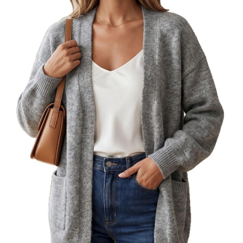 Women S Loose Knit Cardigan Gray Long Sleeve Sweater Coat Fashion Versatile