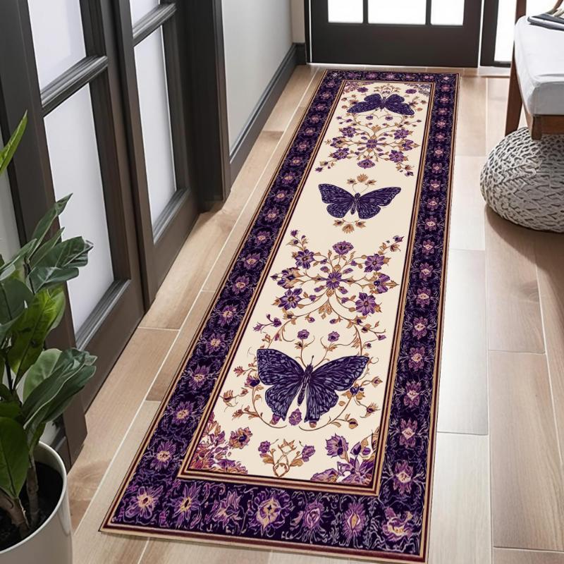 Vintage Purple Butterfly Border Floral graphics Runner Rug,Kitchen,Hallway,Living Room,Non Slip Runner Rug,Decor Present