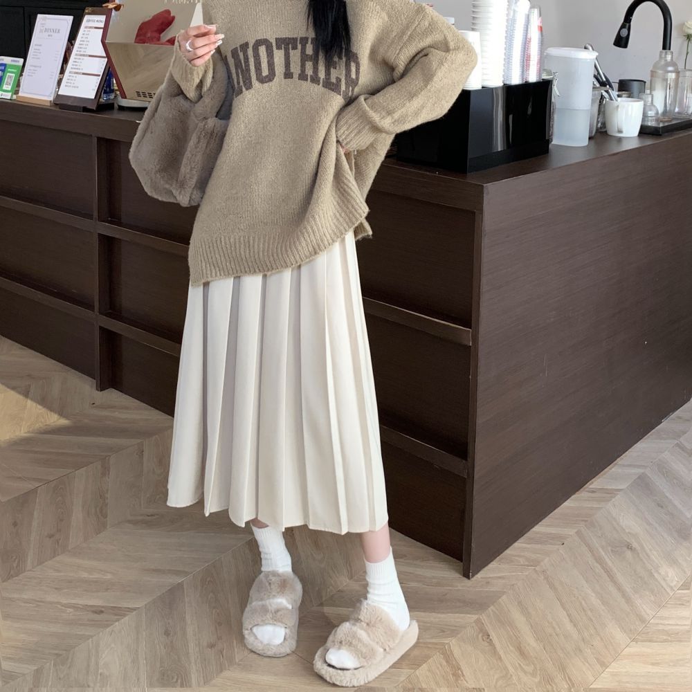 Длинная плиссированная юбка, женская винтажная корейская модная однотонная юбка трапециевидной формы с высокой талией, элегантная повседневная осенняя школьная юбка для девочек