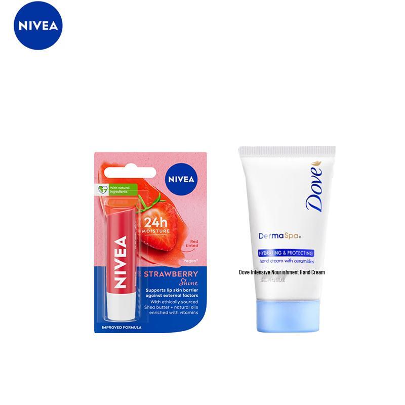 NIVEA Strawberry Lip Balm & Dove Moisturizing Hand Cream Set