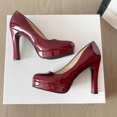 Мода Мода Высокие каблуки Весна Новые Тупой носок Неглубокий вырез Водонепроницаемая платформа Слипоны Износостойкие Туфли на тонком каблуке