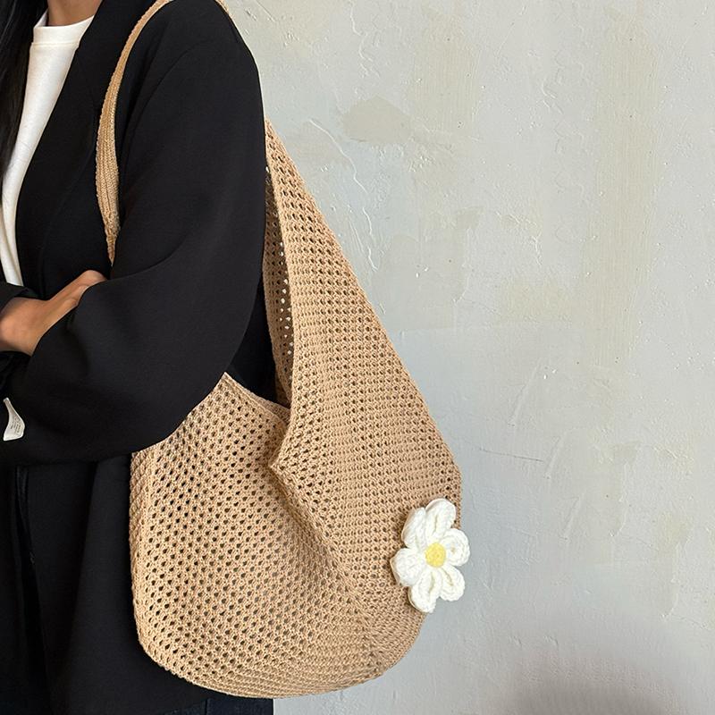Women's Casual Hollow Out Wicker Woven Ladies Handmade Totes Bag Large Capacity Summer Beach Floral Decor Female's Shoulder Bag