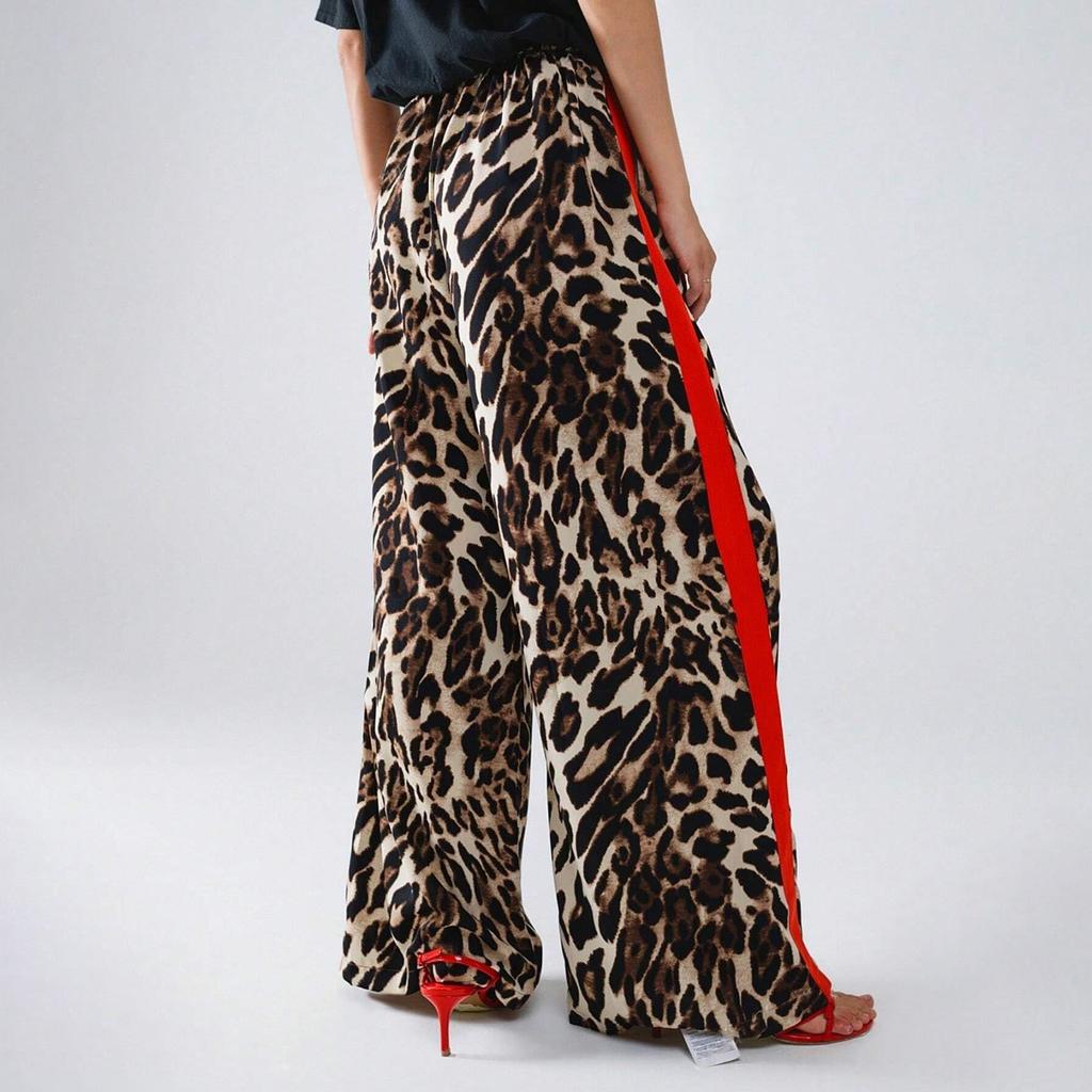 Женские повседневные брюки с завязками на шнурке, леопардовым принтом, цветными полосками по бокам, прямые широкие свободные брюки