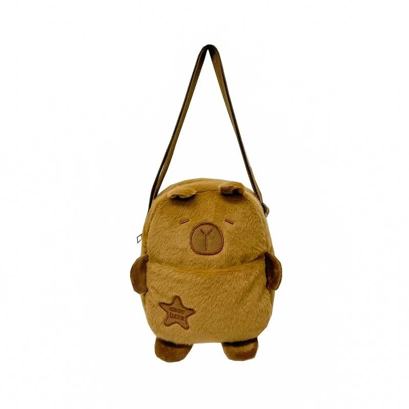 Kawaii Capybara Plush Shoulder Bag Backpack Cute Cartoon Soft Chest Pack Fur Bag Storage Cell Phone Bag Winter Gifts for Student