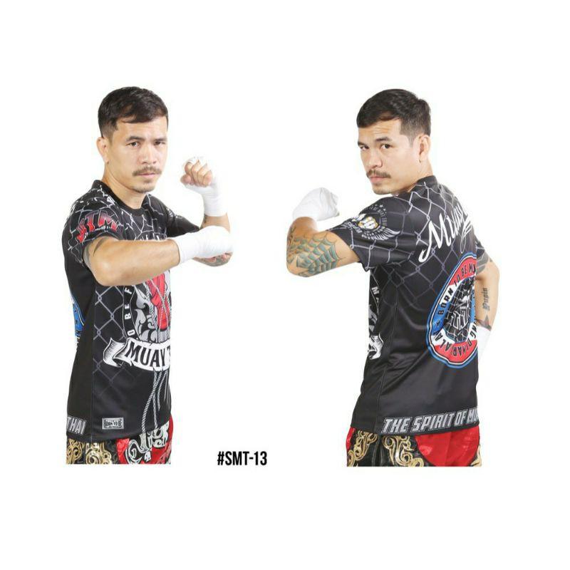 Футболка с коротким рукавом с принтом Муай Тай Кикбоксинг ММА Полиэстер Таиланд Черный Круглый вырез