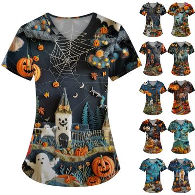 Женская мода с v-образным вырезом, короткими рукавами и карманами, топы с принтом