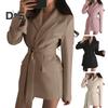 Весна Осень Костюм Пальто Длинный Рукав Шнуровка Ремень Талия Костюм Пиджак Однотонный Цвет Карманы Клапаны Средняя Длина Деловая Верхняя Одежда