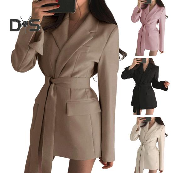 Весна Осень Костюм Пальто Длинный Рукав Шнуровка Ремень Талия Костюм Пиджак Однотонный Цвет Карманы Клапаны Средняя Длина Деловая Верхняя Одежда