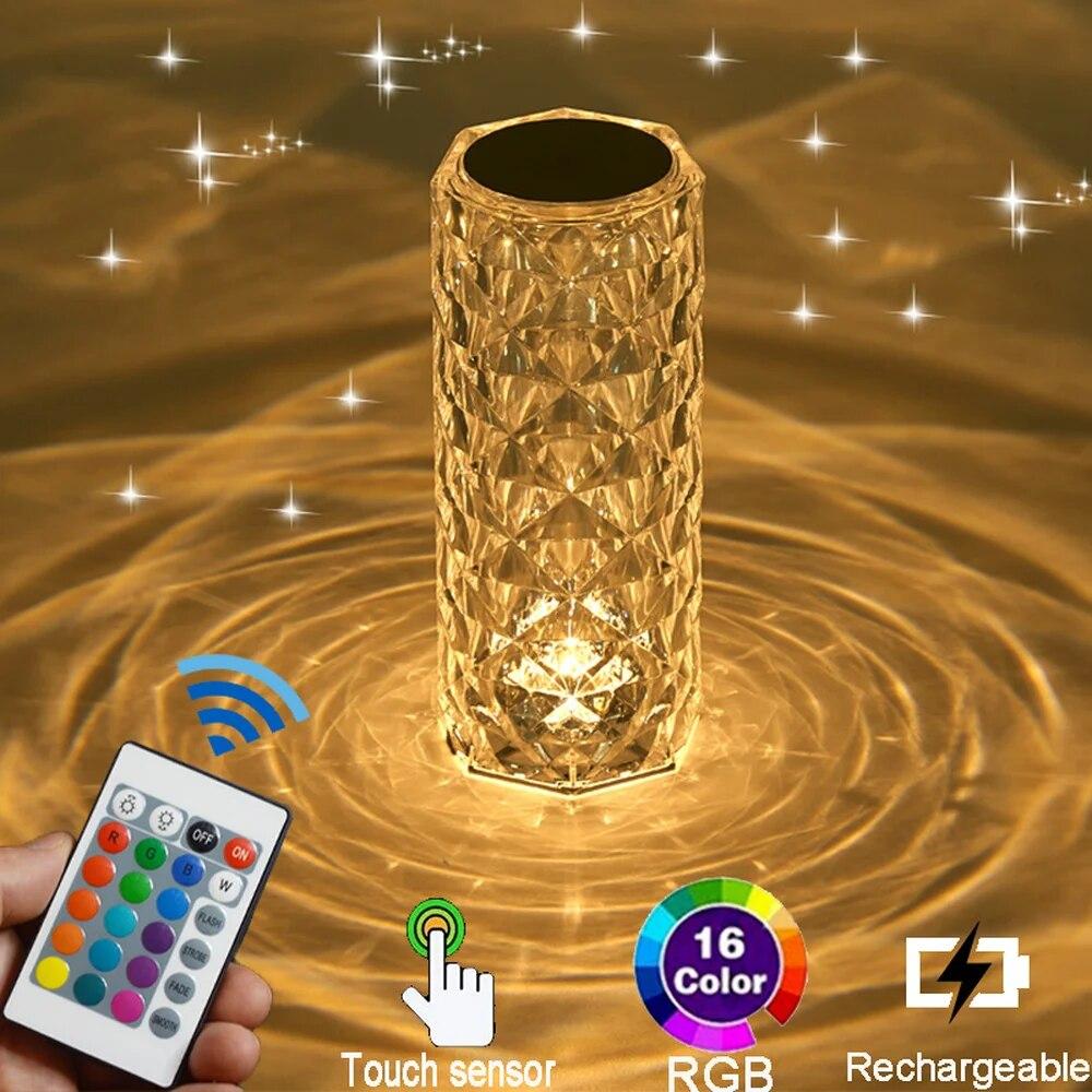 Crystal Table Lamp Rose Light 16 Colors Romantic Diamond Atmosphere Light USB Touch Night Light for Bedroom Desk Party Decor