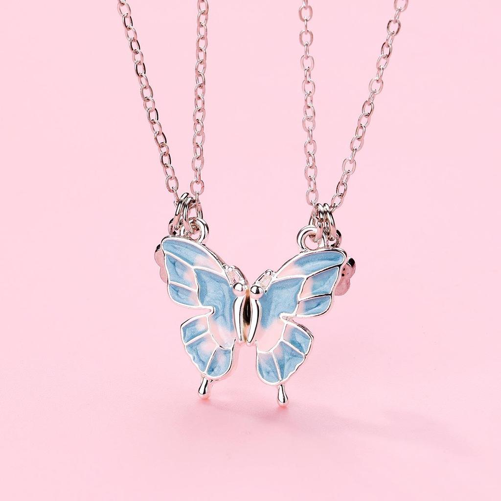 Cartoon Butterfly BFF Necklace Set with Alloy, Drip Oil, Magnet, & Stone Details – Perfect for Kids