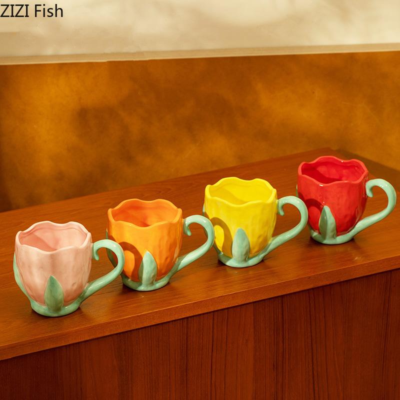 Nordic Creative Tulip Flower Water Cup Керамическая кружка для офиса, послеобеденного чая, латте, кофе, чашка для домашнего завтрака, молока, напитков, подарков