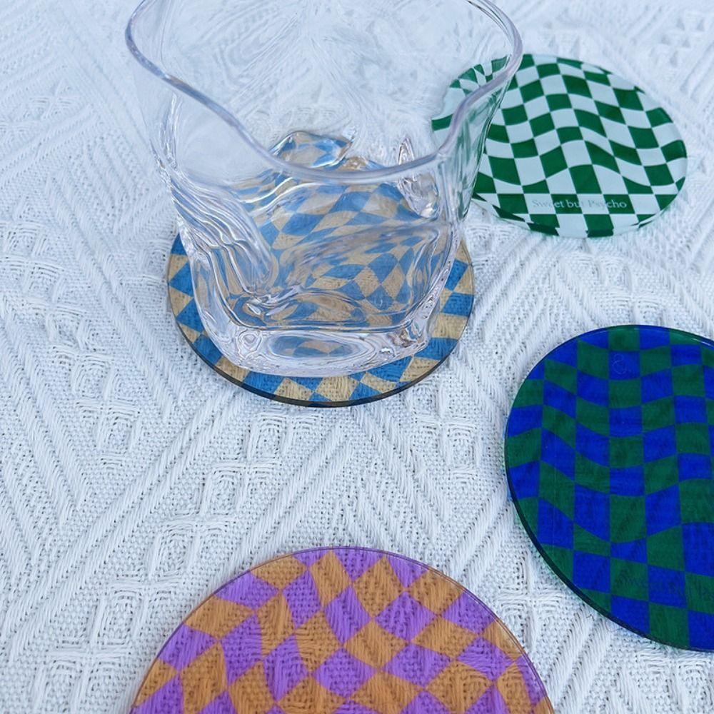 Non-Slip Retro Cup Mat Waterproof Drinks Placemat Checkerboard Acrylic Coaster Restaurant