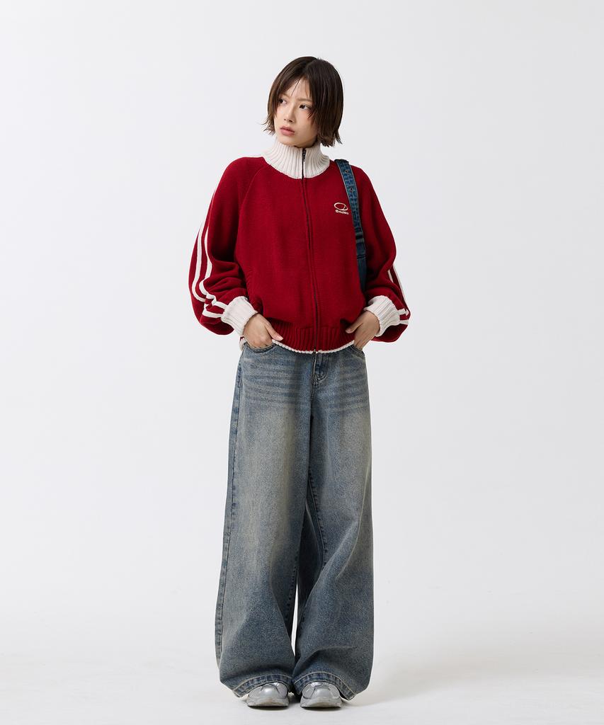ODDSTUDIO Sporty Track Semi-Crop Knit Zip-Up - Red