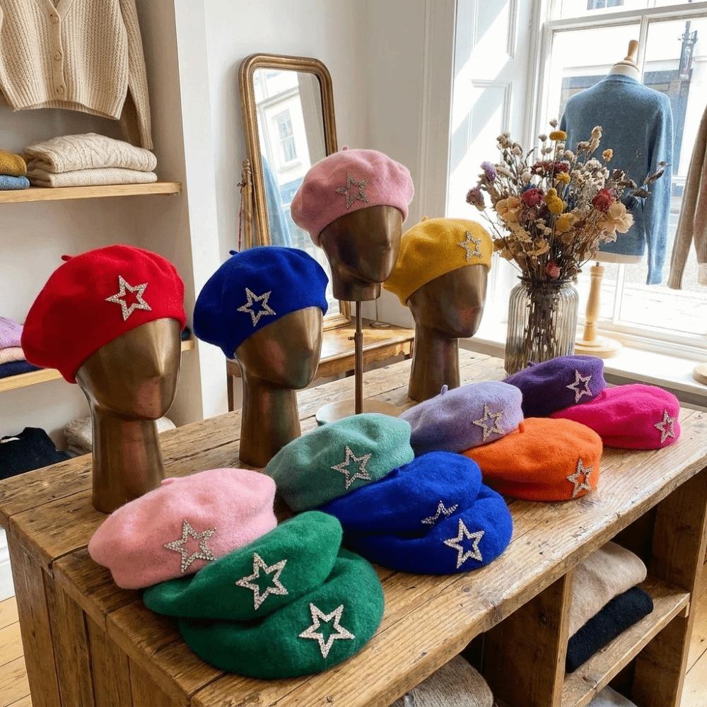 Шерстяной берет с пятиконечной звездой Однотонная шапка-бини Streetwear Вязаная шапка художника Осень