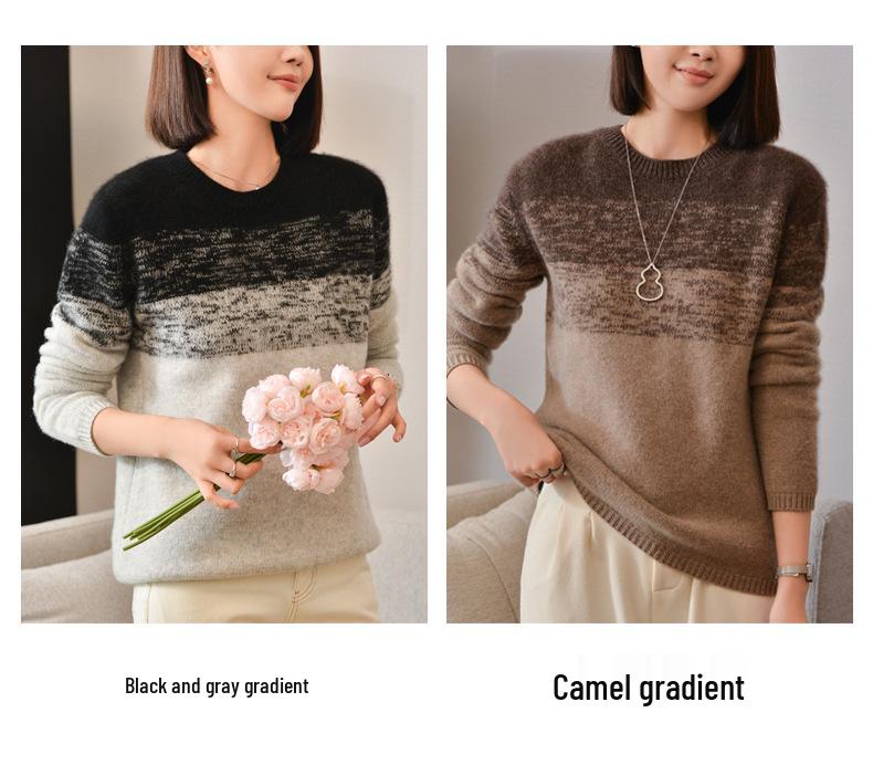Gradient Patchwork Knit Wool Sweater for Women - 2024 Loose Round Neck Pullover, Simple and Versatile Fashion