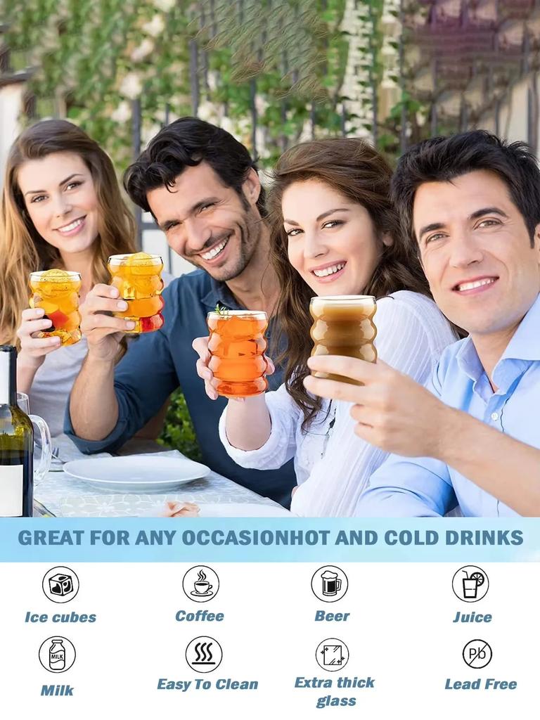 2/4PCS Wave Shape Beverage Glasses With Straws Vintage Glass Cups Ripple Drinking Glasses for Wine Champagne Milk Coffee Cup