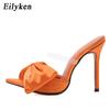 Eilyken Summer Silk Butterfly-knot Mule High Heels Slippers Sandals Flip Flops Pointed Toe Strappy Slides Party Women Slippers Shoes