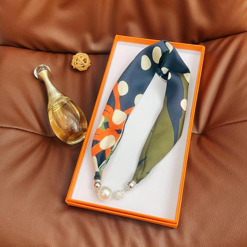 Silk Scarf Women's Spring, Autumn and Summer New Fashion Neck Protection Decoration Long Necklace Type Magnetic Buckle Scarf Small Scarf