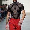 Summer Men Turtleneck Short Sleeve Stitching Mesh Sheer Casual T-shirts Tee